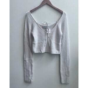 FREE PEOPLE Beach Crochet Knit Crop Tops Long Sleeve Oatmeal Women's Size L NWT